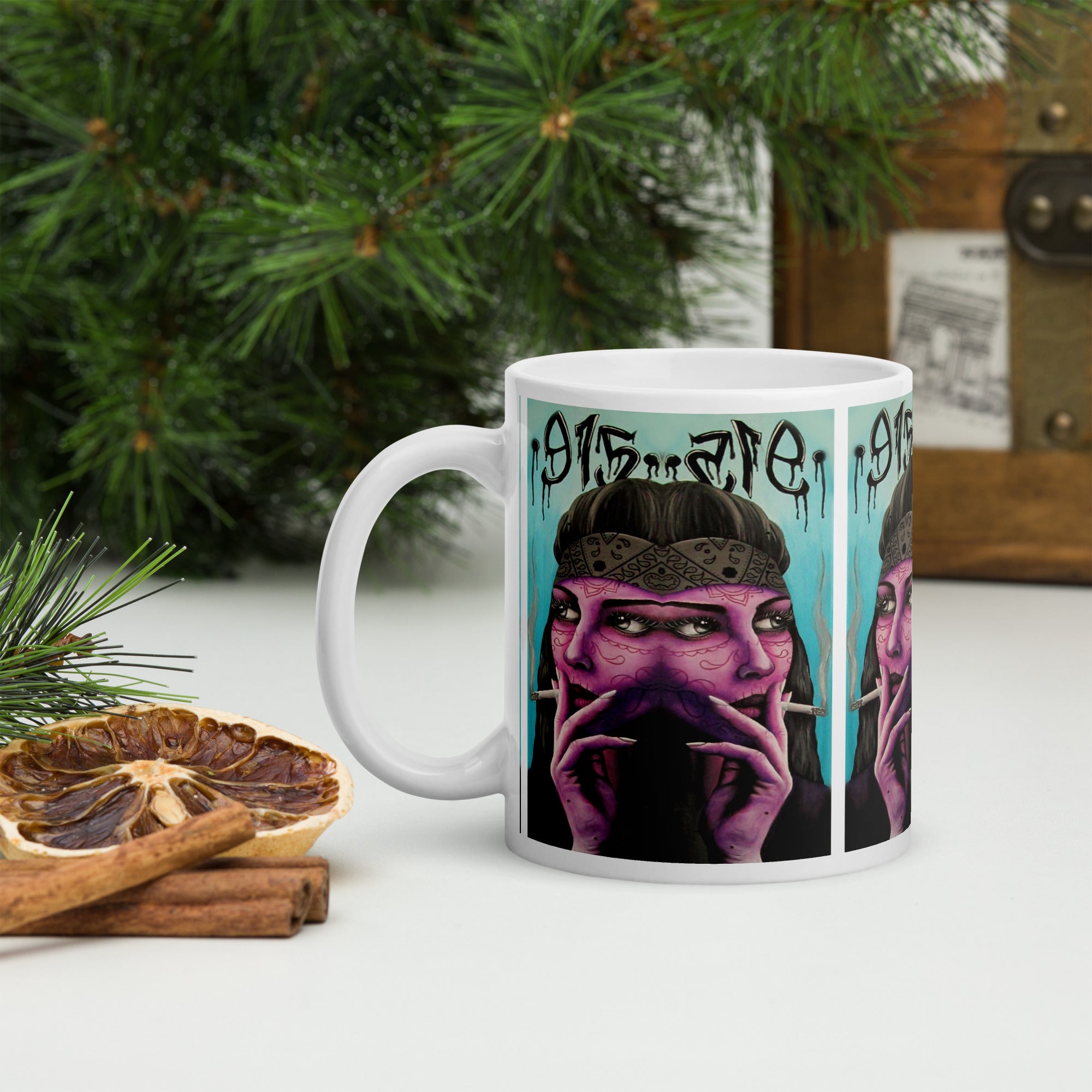 “915 Chola” White glossy mug