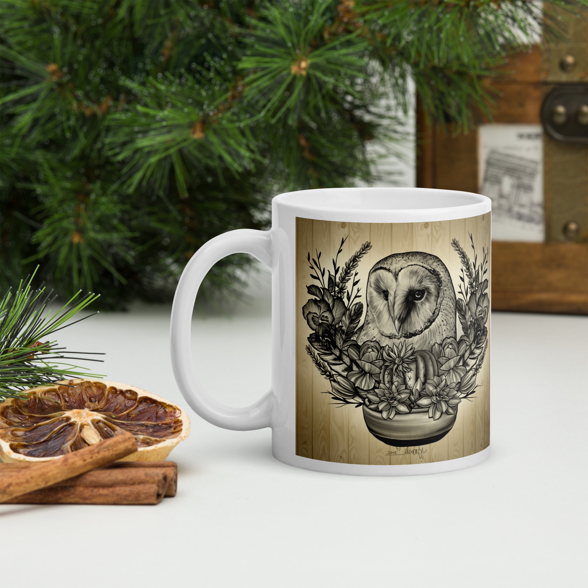 “Nature Owl” White glossy mug