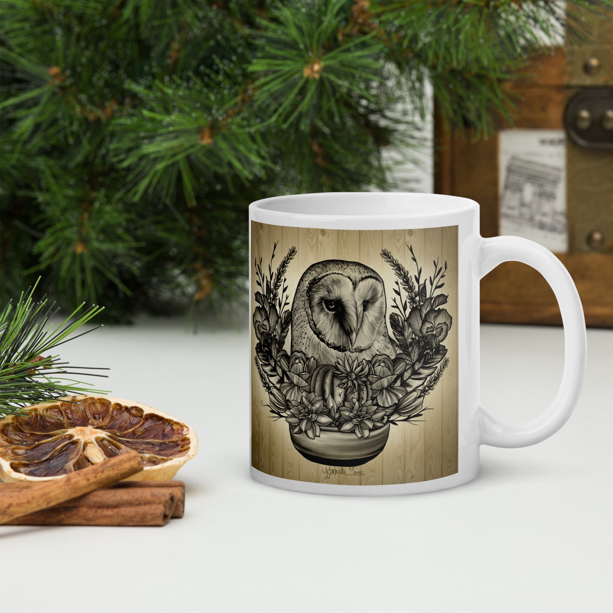 “Nature Owl” White glossy mug
