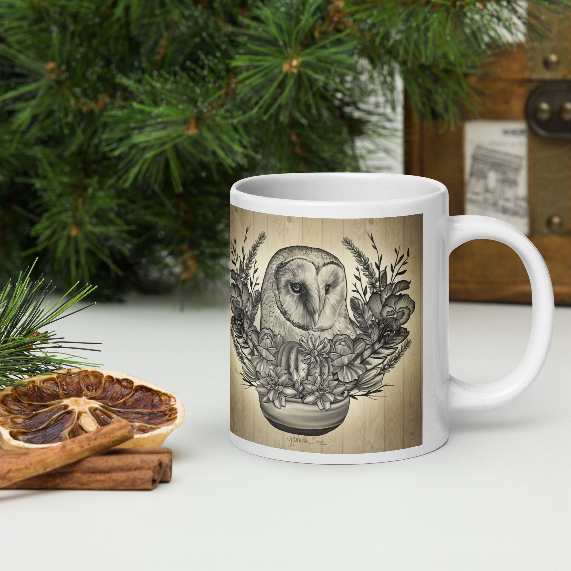 “Nature Owl” White glossy mug